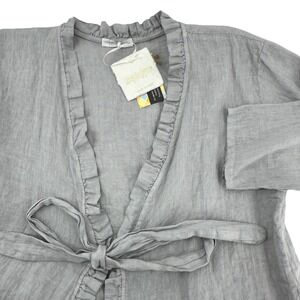 CobbleStone Living Anabelle Grey Linen Ruffle Tie Front Cardigan One Size NWT